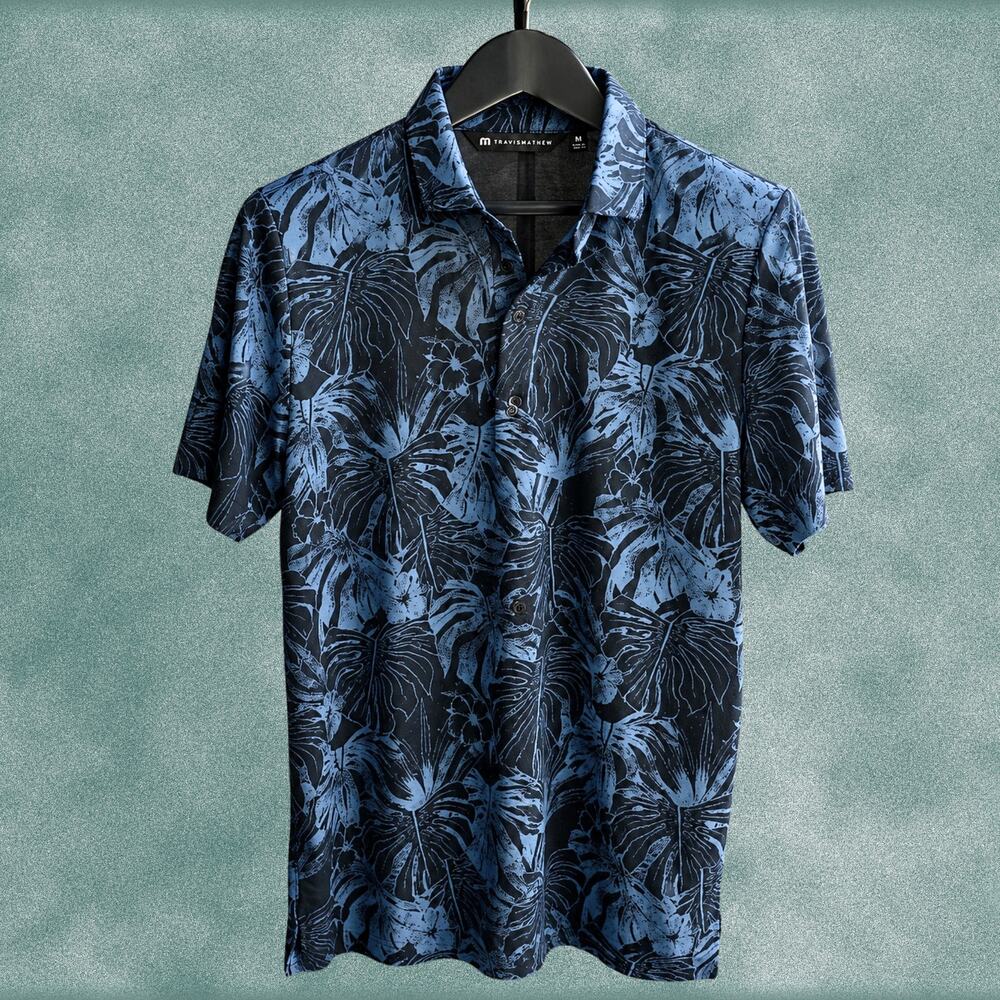TravisMathew Blue Floral Polo Shirt Mens Medium NWOT